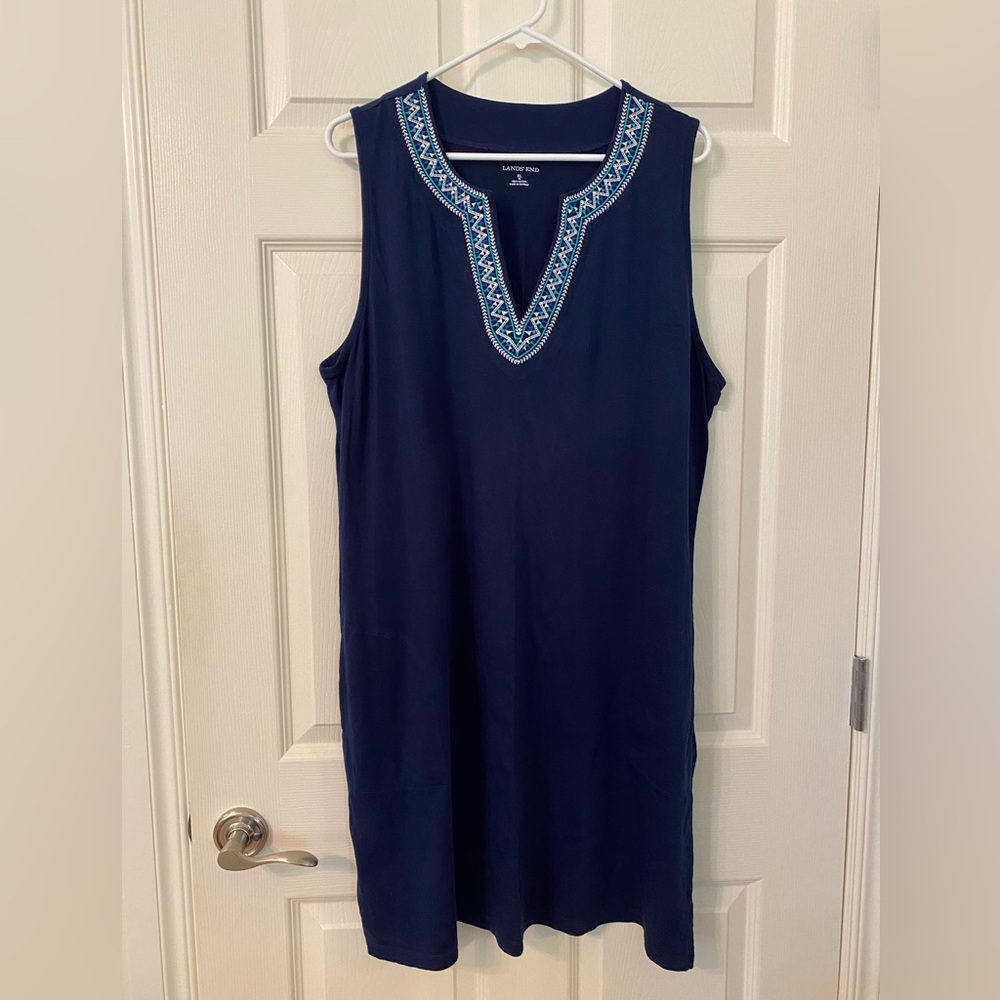 Lands' End Navy Blue Swim Coverup with Embroidered Neckline